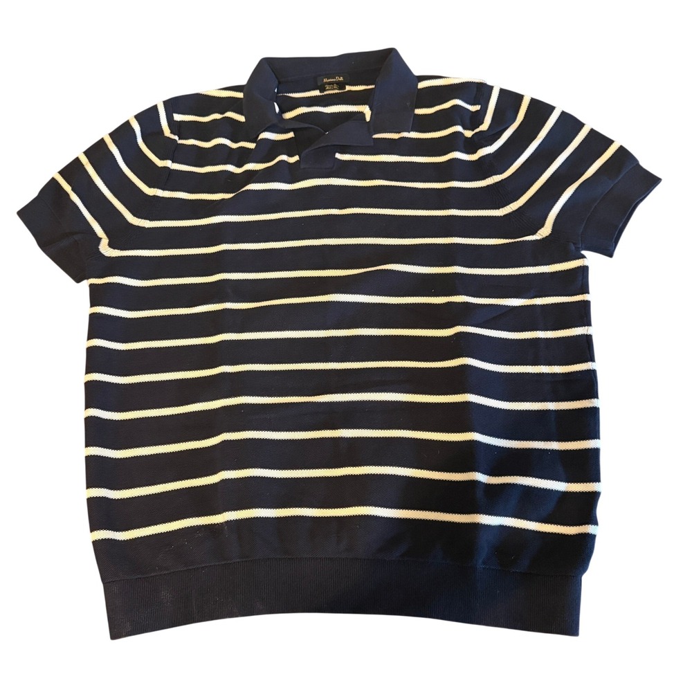 Massimo Dutti Mens XXL Navy Blue White Striped Extrafine Cotton Knit Polo Shirt